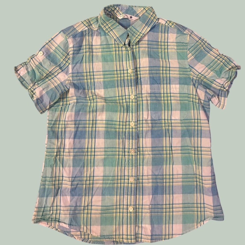 Riders Lee Teal Blue Plaid Short Sleeve Button Down Shirt Small Coastal Summer